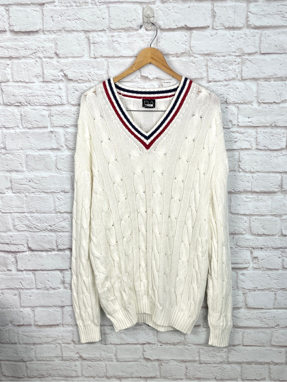 Jos. A. Bank White Cable Knit Cotton V-Neck Stripe Pullover Sweater Size XXL